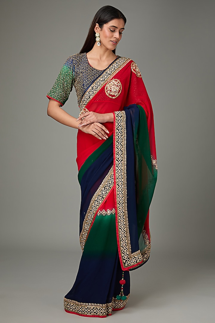 Red & Blue Ombre Pure Georgette Zardosi Embroidered Dyed Saree Set by RANA'S by Kshitija at Pernia's Pop Up Shop