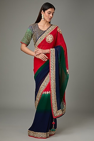 Red & Blue Ombre Pure Georgette Zardosi Embroidered Dyed Saree Set by RANA'S by Kshitija