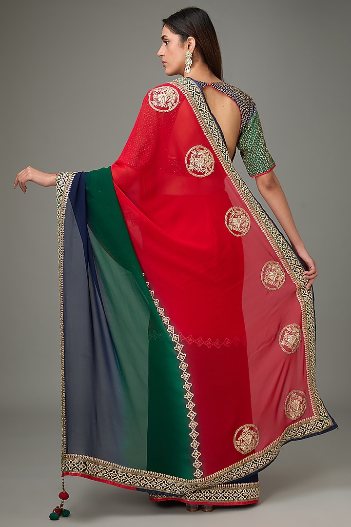 Red & Blue Ombre Pure Georgette Zardosi Embroidered Dyed Wedding Saree Set by RANA'S by Kshitija at Pernia's Pop Up Shop