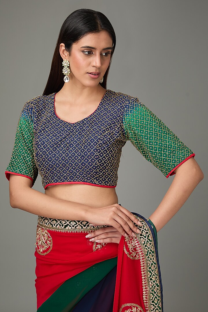 Red & Blue Ombre Pure Georgette Zardosi Embroidered Dyed Wedding Saree Set by RANA'S by Kshitija at Pernia's Pop Up Shop