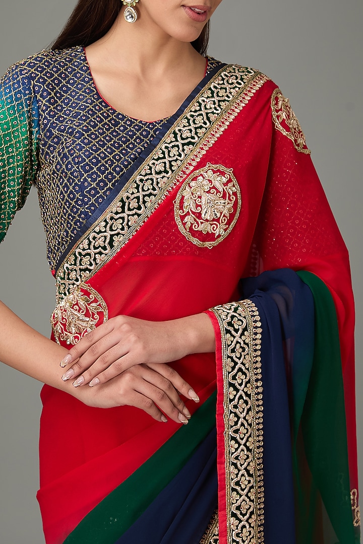 Red & Blue Ombre Pure Georgette Zardosi Embroidered Dyed Wedding Saree Set by RANA'S by Kshitija at Pernia's Pop Up Shop