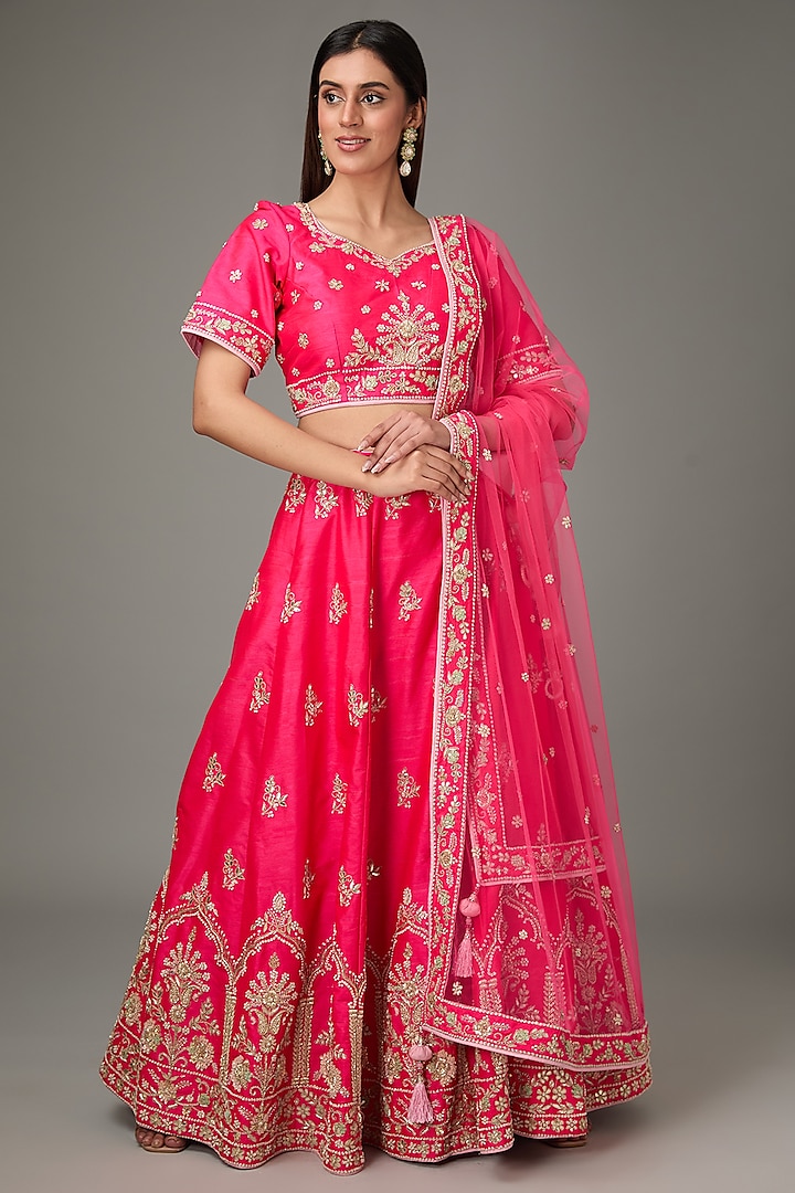 Hot Pink Pure Raw Silk & Pure Net Zardosi Hand Embroidered Wedding Lehenga Set by RANA'S by Kshitija at Pernia's Pop Up Shop