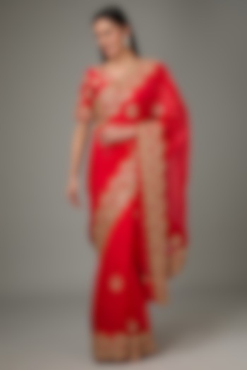 Red Organza Resham & Cutdana Hand Embroidered Saree Set by RANA'S by Kshitija