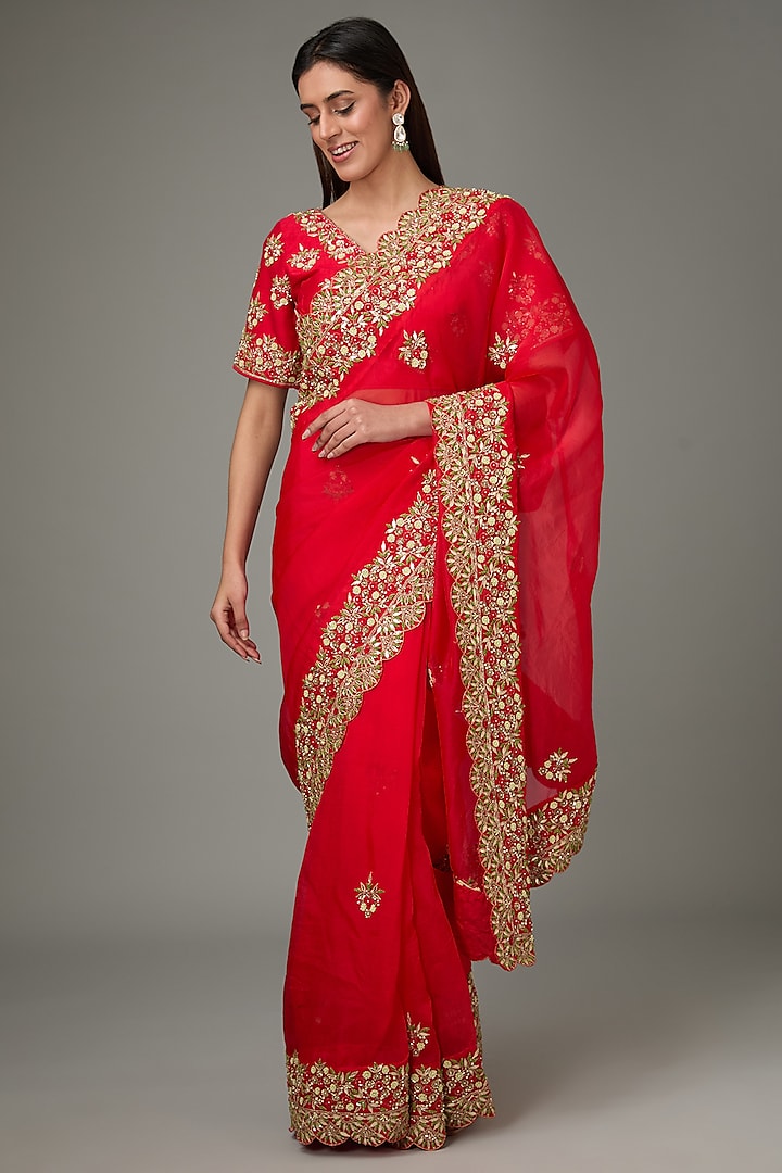 Red Organza Resham & Cutdana Hand Embroidered Saree Set by RANA'S by Kshitija