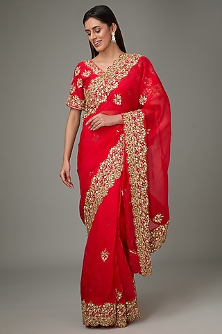 Red Organza Resham & Cutdana Hand Embroidered Saree Set by RANA'S by Kshitija