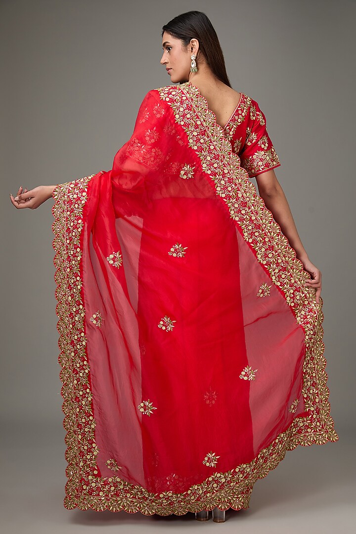 Red Organza Resham & Cutdana Hand Embroidered Wedding Saree Set by RANA'S by Kshitija at Pernia's Pop Up Shop