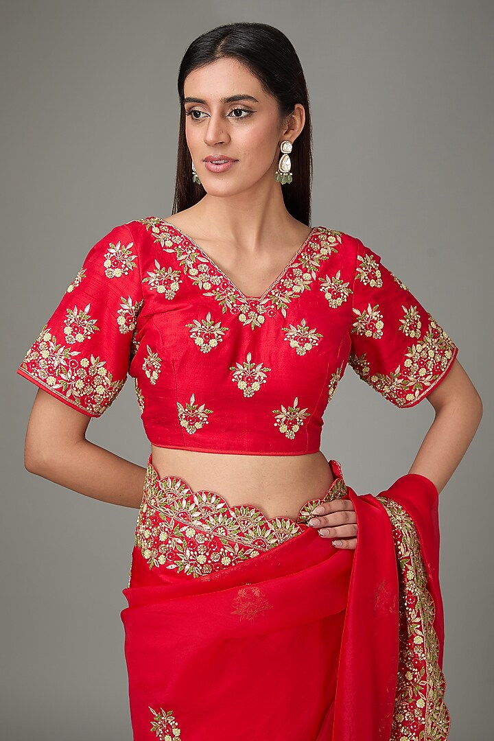 Red Organza Resham & Cutdana Hand Embroidered Wedding Saree Set by RANA'S by Kshitija at Pernia's Pop Up Shop