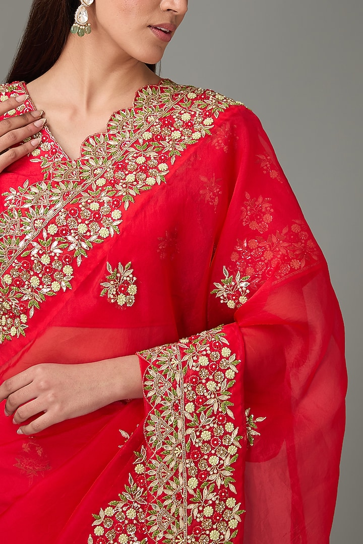 Red Organza Resham & Cutdana Hand Embroidered Wedding Saree Set by RANA'S by Kshitija at Pernia's Pop Up Shop