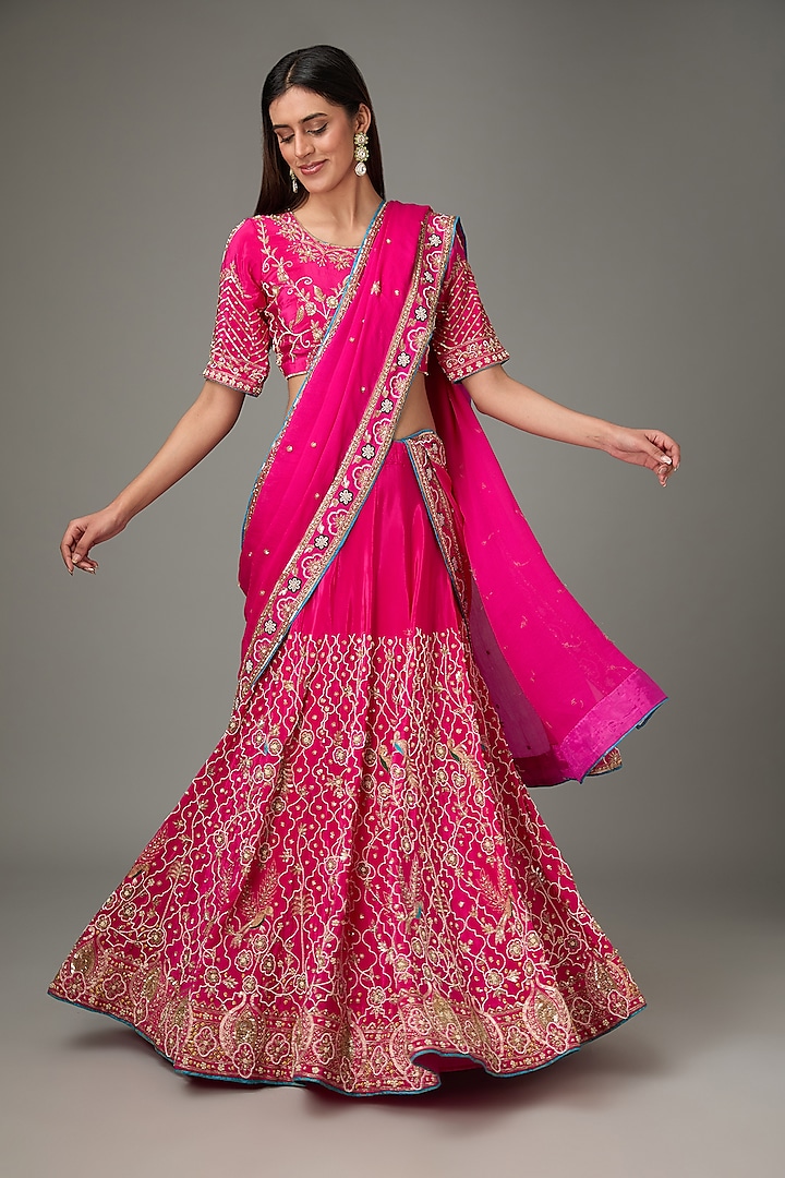 Pink Pure Crepe Pearl & Sequins Hand Embroidered Wedding Lehenga Set by RANA'S by Kshitija at Pernia's Pop Up Shop