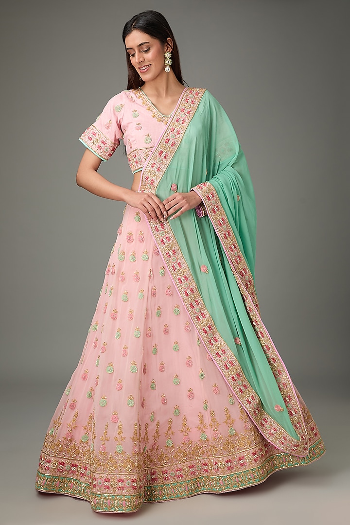 Blush Pink Pure Raw Silk & Pure Georgette Zardosi Embellished Lehenga Set by RANA'S by Kshitija