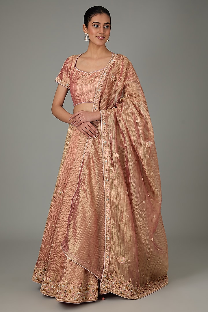 Peach Pure Crushed Tissue Zardosi & Metallic Thread Embroidered Lehenga Set by RANA'S by Kshitija