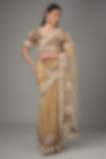 Beige Soft Net Zari & Sequins Hand Embroidered Saree Set by RANA'S by Kshitija at Pernia's Pop Up Shop