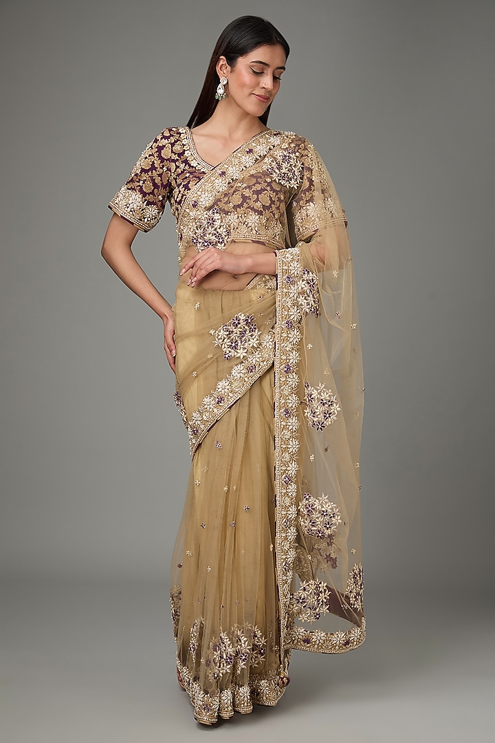 Beige Soft Net Zari & Sequins Hand Embroidered Saree Set by RANA'S by Kshitija at Pernia's Pop Up Shop