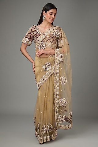 Beige Soft Net Zari & Sequins Hand Embroidered Saree Set by RANA'S by Kshitija