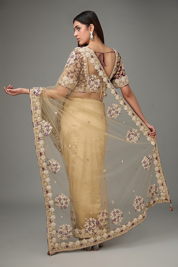 Beige Soft Net Zari & Sequins Hand Embroidered Reception Saree Set by RANA'S by Kshitija at Pernia's Pop Up Shop