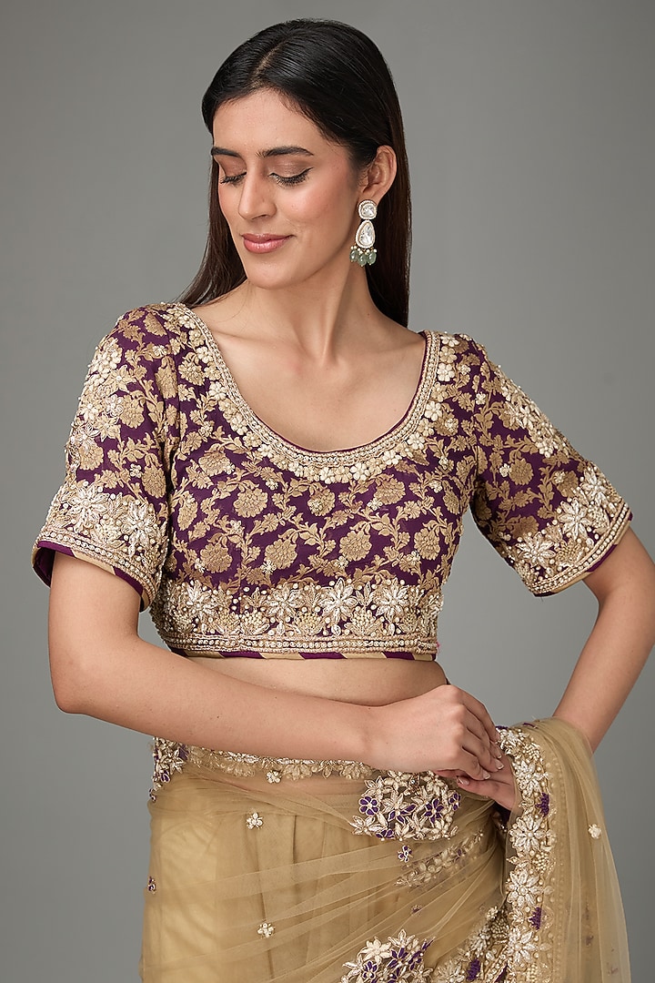 Beige Soft Net Zari & Sequins Hand Embroidered Reception Saree Set by RANA'S by Kshitija at Pernia's Pop Up Shop