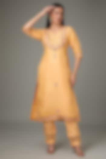 Yellow Pure Silk Resham Embroidered Kurta Set by RANA'S by Kshitija at Pernia's Pop Up Shop