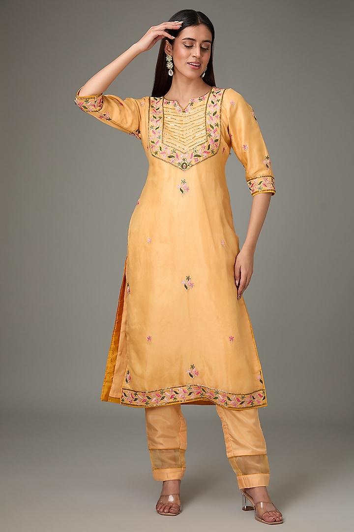 Yellow Pure Silk Resham Embroidered Kurta Set by RANA'S by Kshitija at Pernia's Pop Up Shop