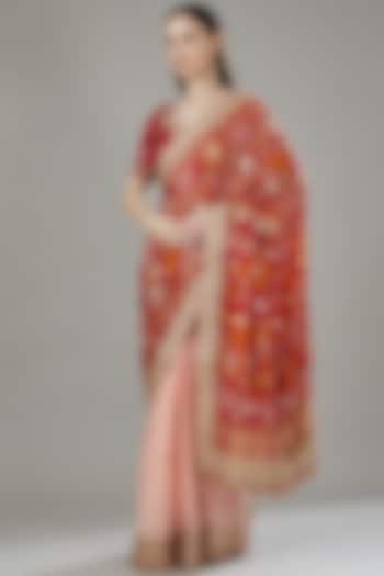 Red Gajji Silk & Georgette Bandhani Printed & Hand Embroidered Saree Set by Rana'S by Kshitija