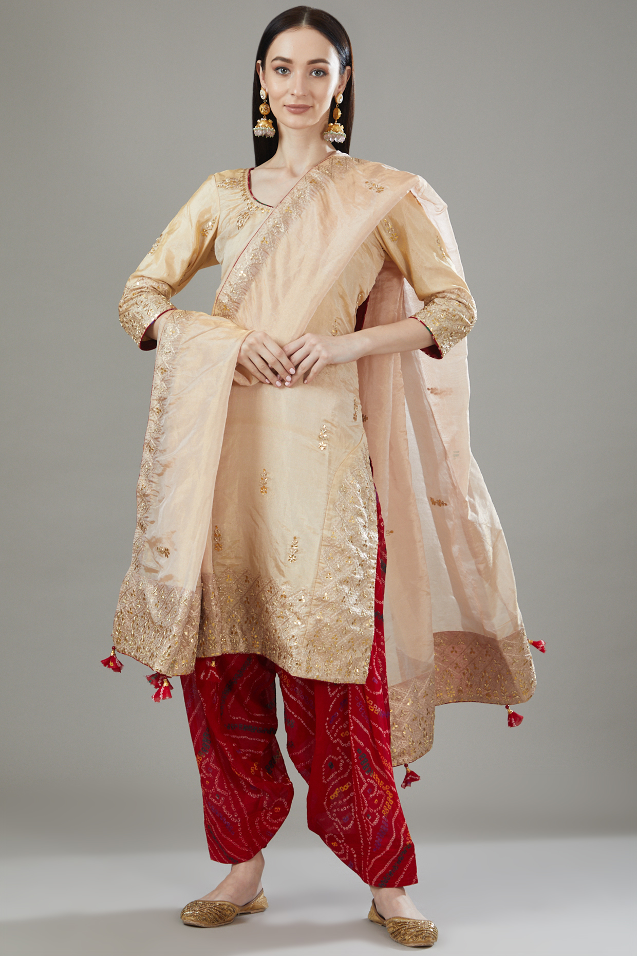 Gold Pure Tissue Silk Embroidered Kurta Set by Rana'S by Kshitija