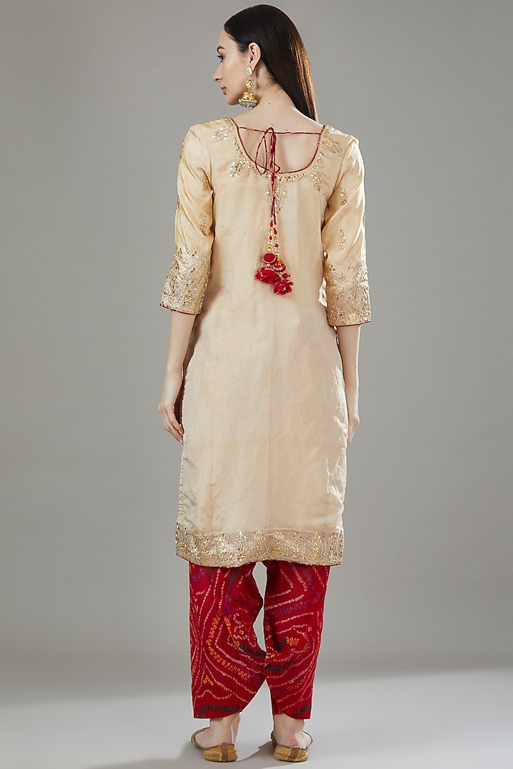 Gold Pure Tissue Silk Embroidered Kurta Set by Rana'S by Kshitija at Pernia's Pop Up Shop