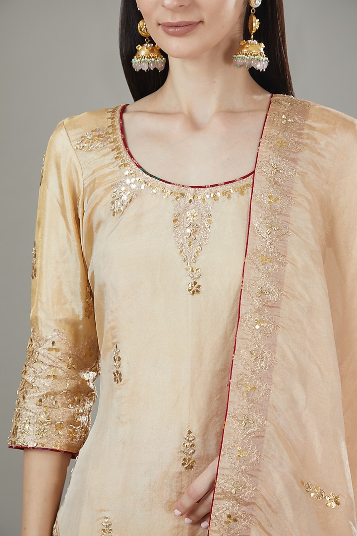Gold Pure Tissue Silk Embroidered Kurta Set by Rana'S by Kshitija at Pernia's Pop Up Shop
