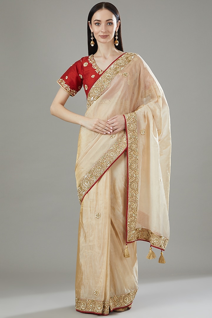 Gold Pure Tissue Embroidered Saree Set by Rana'S by Kshitija