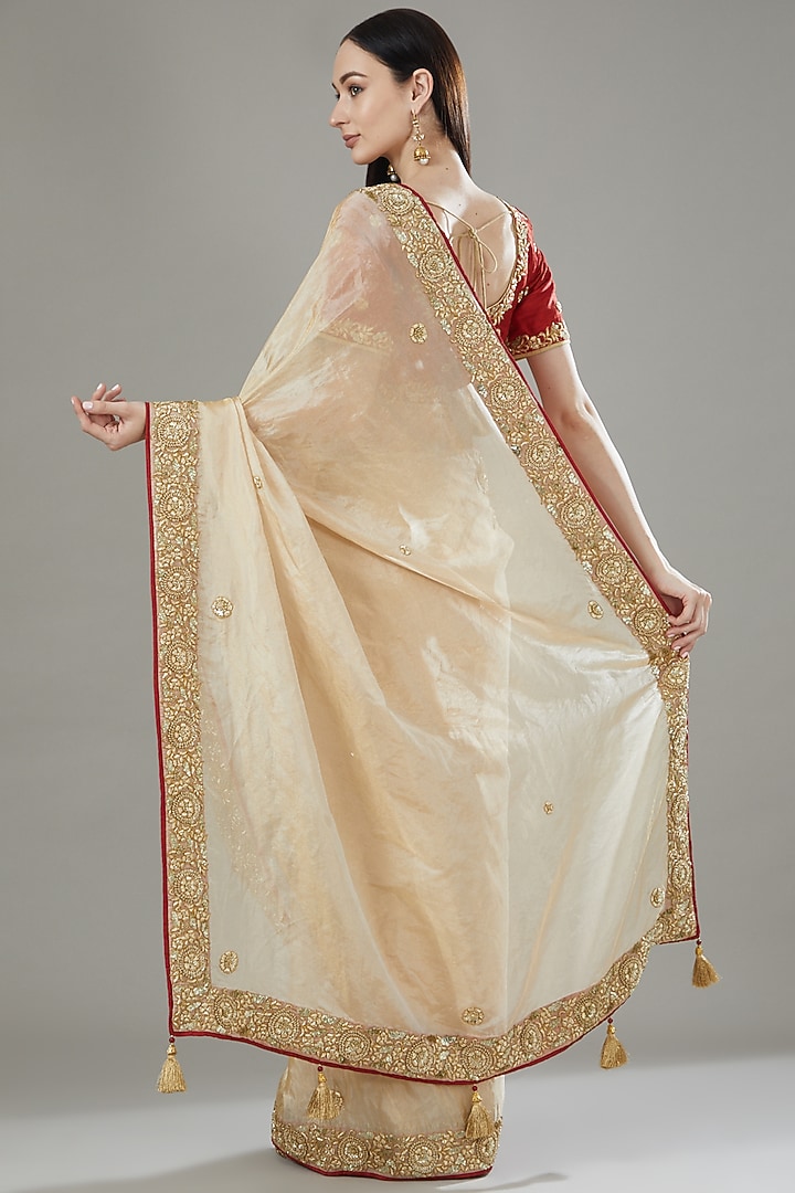 Gold Pure Tissue Embroidered Wedding Saree Set by Rana'S by Kshitija at Pernia's Pop Up Shop