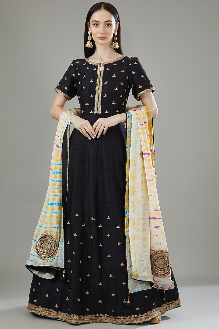 Black Pure Raw Silk Embroidered Anarkali Set by Rana'S by Kshitija