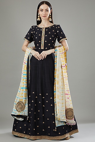 Black Pure Raw Silk Embroidered Anarkali Set by Rana'S by Kshitija