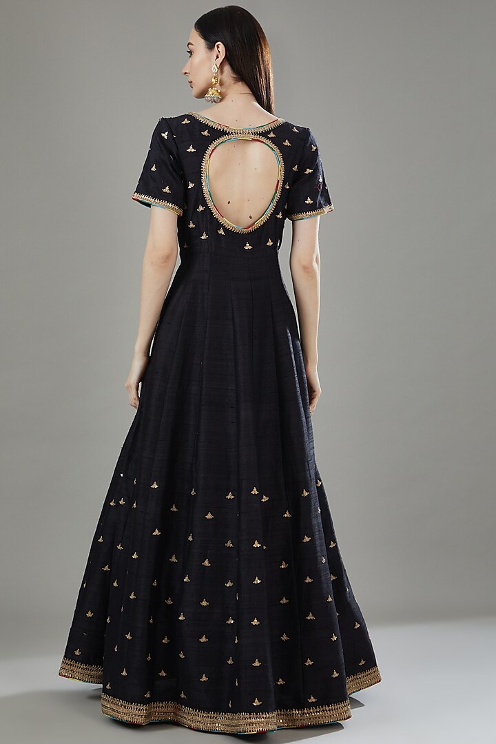 Black Pure Raw Silk Embroidered Wedding Anarkali Set by Rana'S by Kshitija at Pernia's Pop Up Shop
