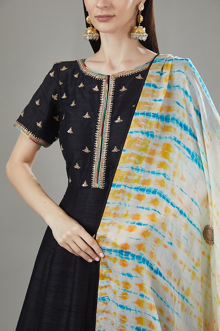 Black Pure Raw Silk Embroidered Wedding Anarkali Set by Rana'S by Kshitija at Pernia's Pop Up Shop