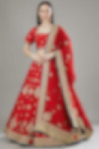 Red Pure Raw Silk Embroidered Lehenga Set by Rana'S by Kshitija