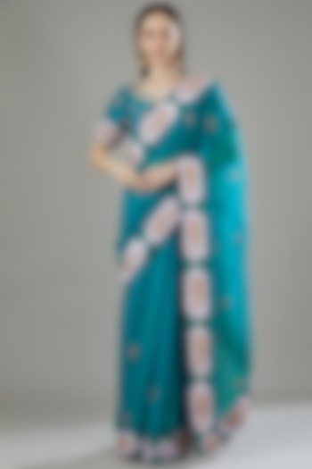 Teal Blue Pure Organza Marodi Hand Embroidered Saree Set by Rana'S by Kshitija