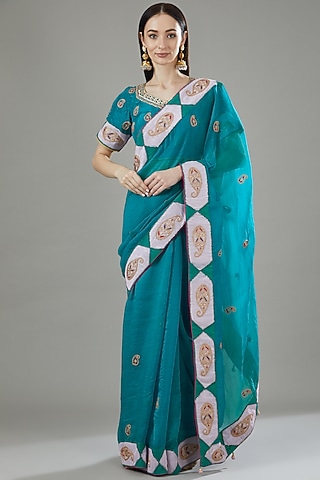 Teal Blue Pure Organza Marodi Hand Embroidered Saree Set by Rana'S by Kshitija