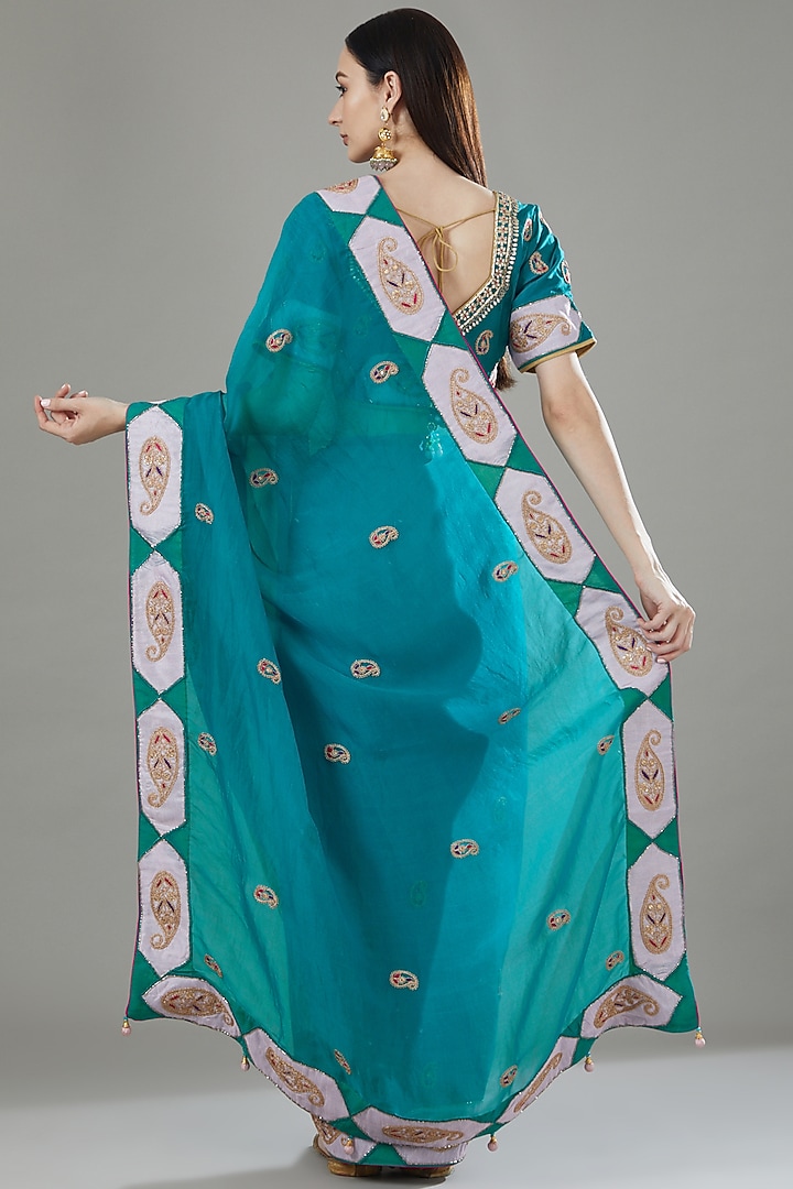 Teal Blue Pure Organza Marodi Hand Embroidered Wedding Saree Set by Rana'S by Kshitija at Pernia's Pop Up Shop