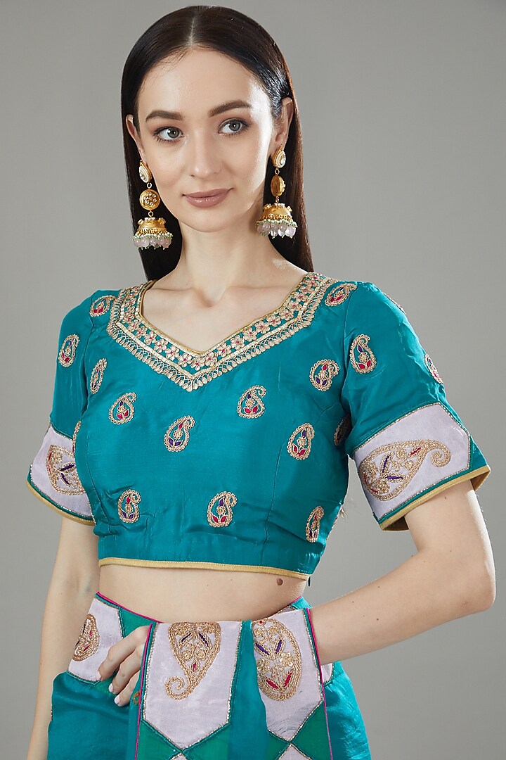 Teal Blue Pure Organza Marodi Hand Embroidered Wedding Saree Set by Rana'S by Kshitija at Pernia's Pop Up Shop