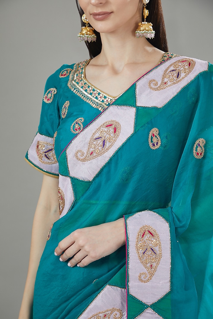 Teal Blue Pure Organza Marodi Hand Embroidered Wedding Saree Set by Rana'S by Kshitija at Pernia's Pop Up Shop