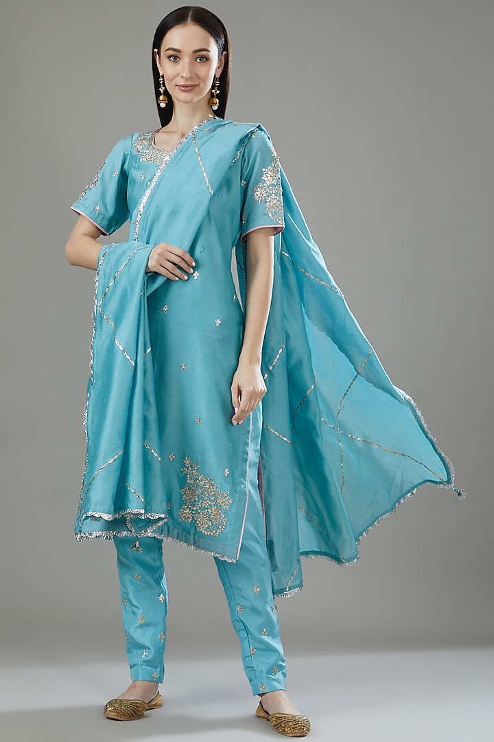 Sky Blue Pure Chanderi Silk Embroidered Kurta Set by Rana'S by Kshitija