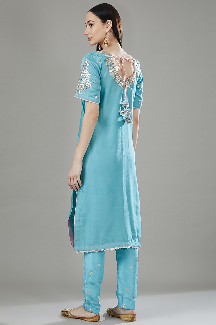 Sky Blue Pure Chanderi Silk Embroidered Kurta Set by Rana'S by Kshitija at Pernia's Pop Up Shop
