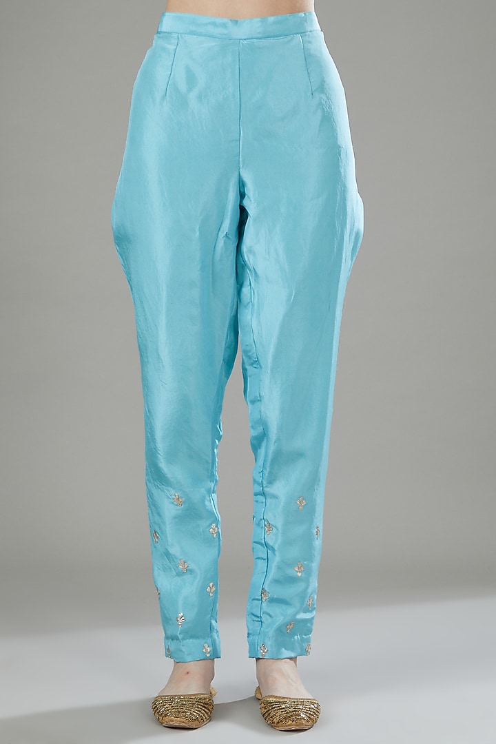 Sky Blue Pure Chanderi Silk Embroidered Kurta Set by Rana'S by Kshitija at Pernia's Pop Up Shop