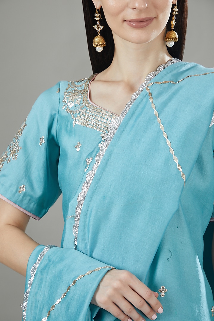Sky Blue Pure Chanderi Silk Embroidered Kurta Set by Rana'S by Kshitija at Pernia's Pop Up Shop