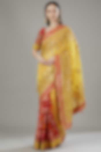 Yellow & Red Gajji Silk Bandhani Printed Saree Set by Rana'S by Kshitija