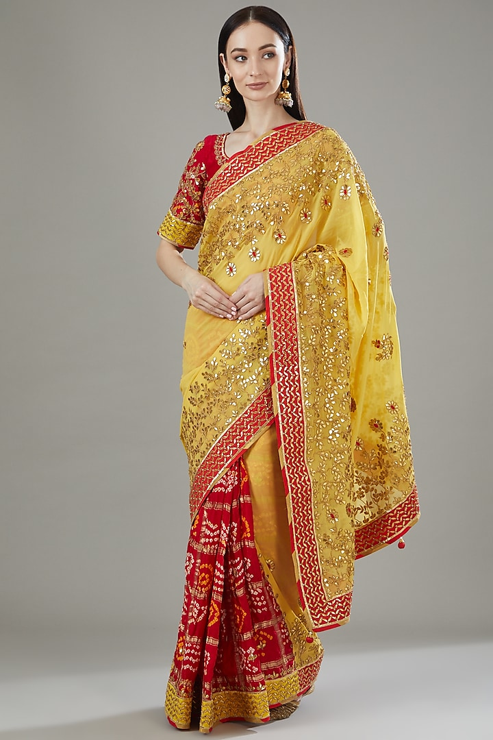 Yellow & Red Gajji Silk Bandhani Printed Saree Set by Rana'S by Kshitija