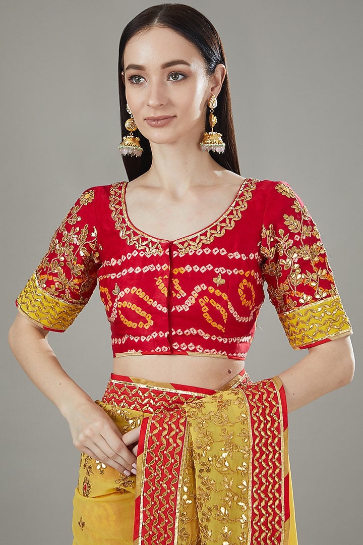 Yellow & Red Gajji Silk Bandhani Printed Wedding Saree Set by Rana'S by Kshitija at Pernia's Pop Up Shop