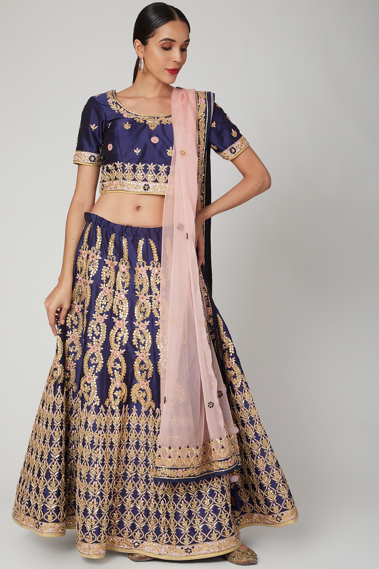 Buy Pink Ethnic Navy Blue Georgette Semi-Stitched Lehenga and Unstitched  Blouse with Dupatta (Set of 3) online