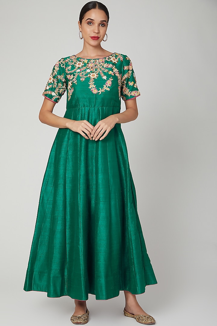 Emerald Green Embroidered Gown by RANA'S by Kshitija