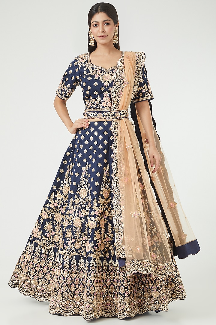 Deep Blue Embroidered  dulhan bday 22 may Lehenga Set by Rana'S by Kshitija at Pernia's Pop Up Shop
