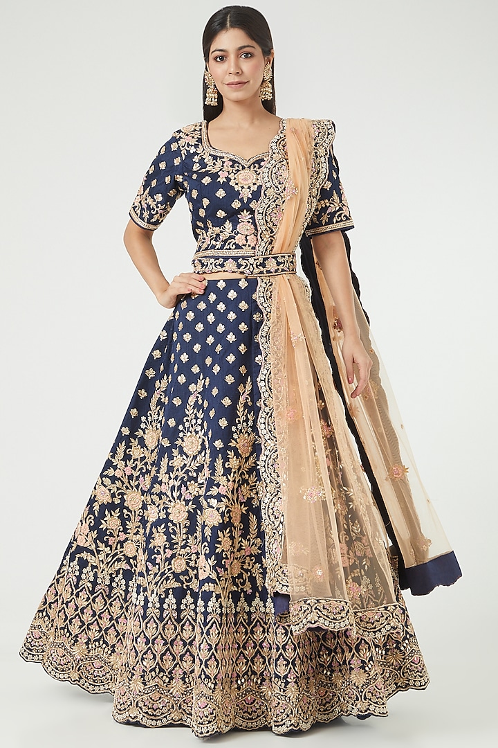 Deep Blue Embroidered Lehenga Set by Rana'S by Kshitija