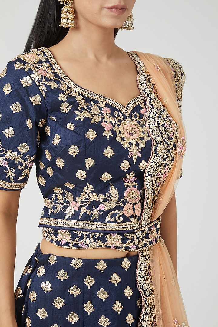 Deep Blue Embroidered Wedding Lehenga Set by Rana'S by Kshitija at Pernia's Pop Up Shop
